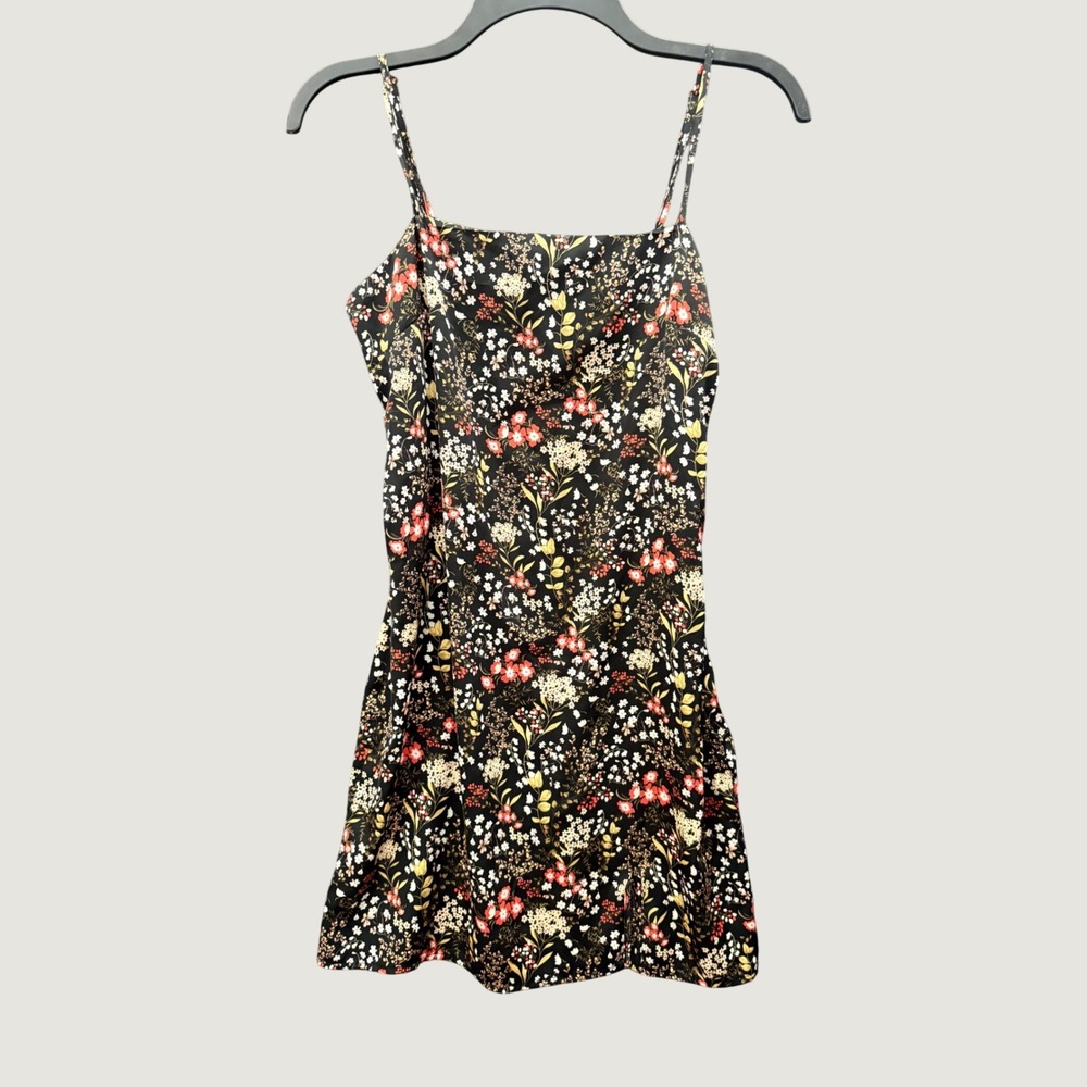 Black Floral Satin Mini Slip Dress Small Side Slit Coquette Witchy Romantic